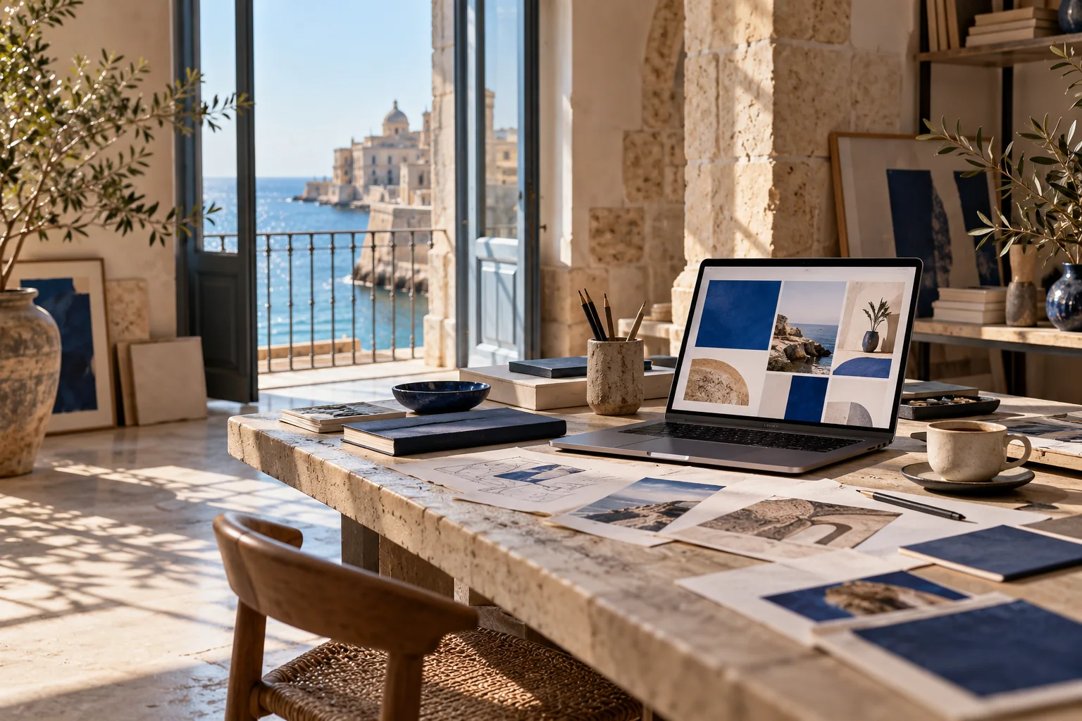 Studio creativo a Siracusa: laptop con layout web, schizzi e luce sul mare