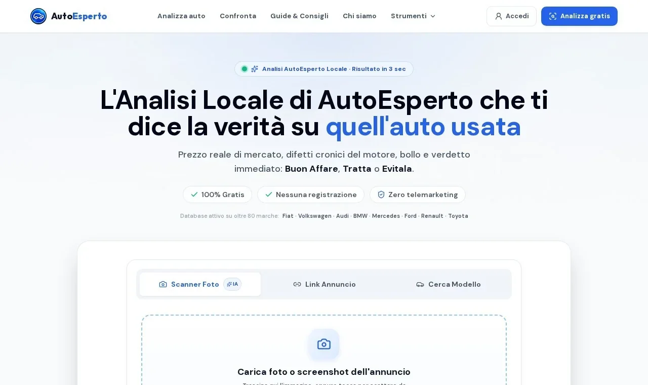 Schermata reale della home page di AutoEsperto con analisi automotive e strumenti di valutazione