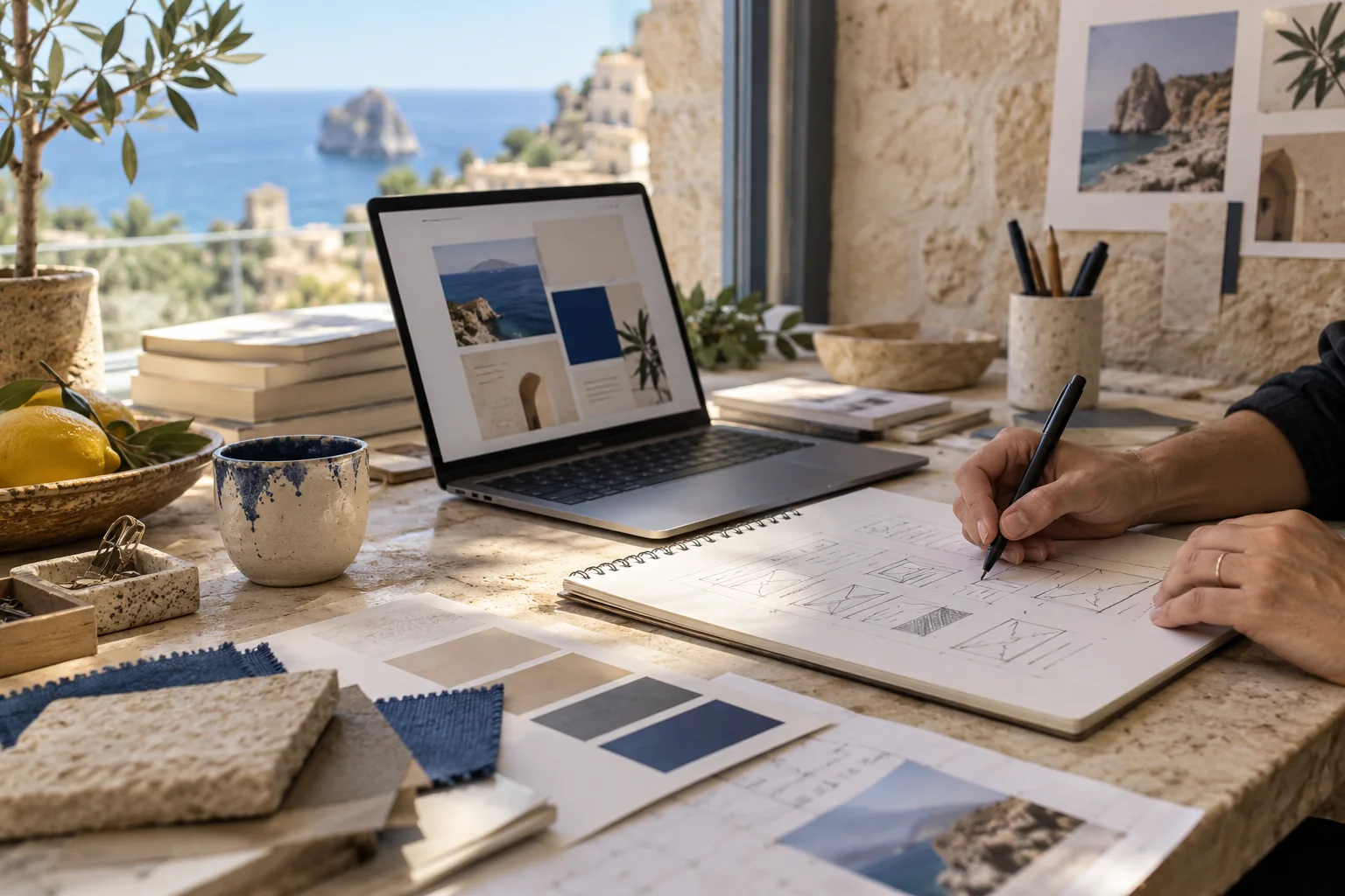 Mani al lavoro su una bozza di sito e una palette di colori in uno studio creativo siciliano