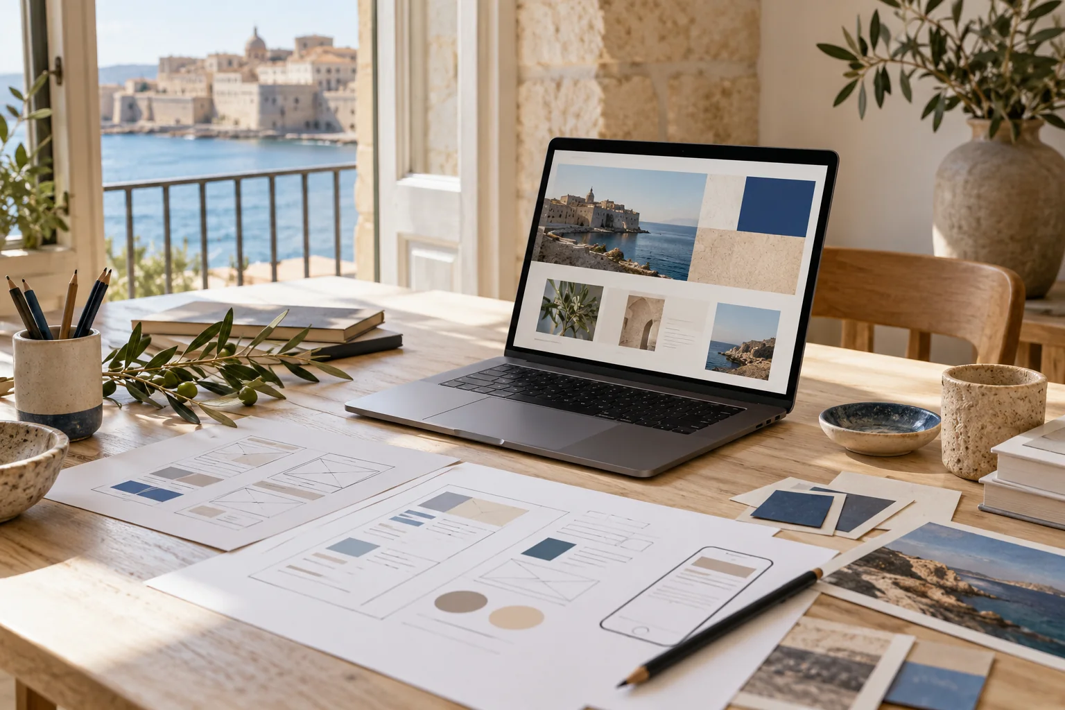 Postazione di web design con laptop, bozzetti e palette per un sito ispirato a Siracusa
